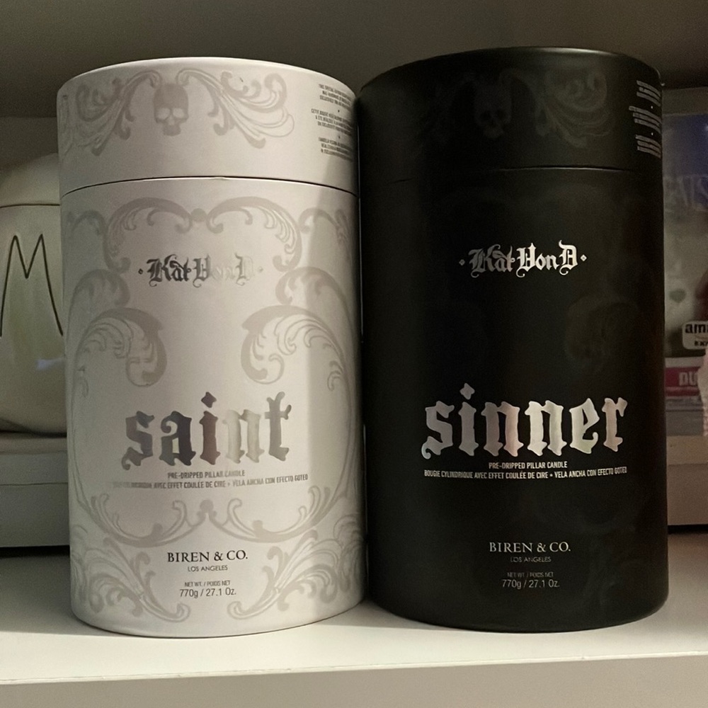 Kat Von D pillar candles. Saint + Sinner. No longer being made.